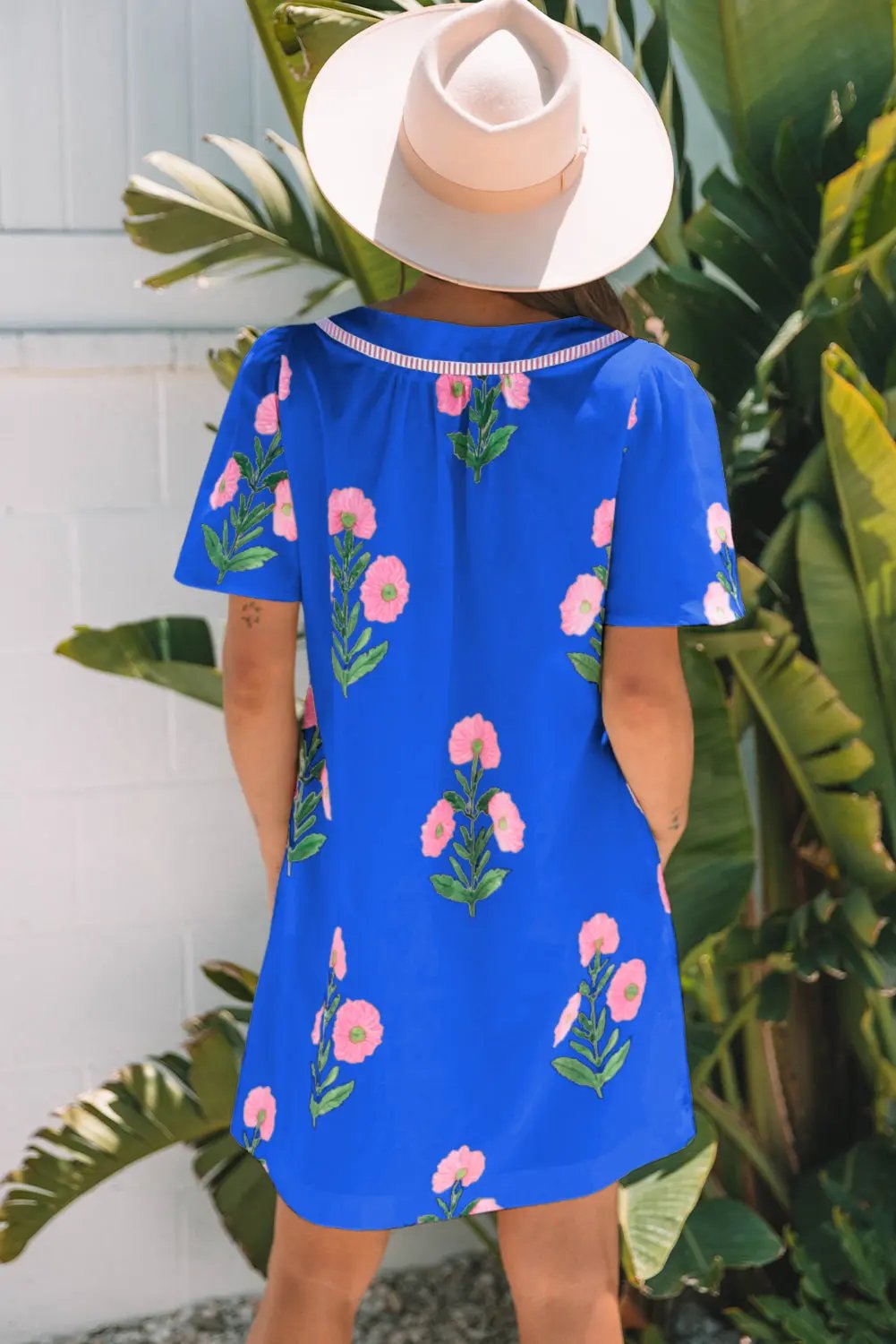 Blue Floral Short Sleeve Split Neck Loose Mini Dress Love Salve